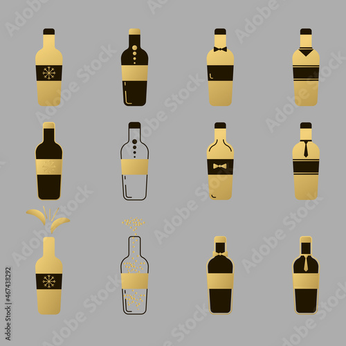 Set of champagne bottles in gold style. alcohol beverage for template for restaurant  bar  pub. Symbol party. Collection of bottles. Isolated flat illustration on white background. Vector.