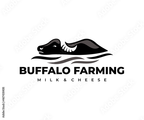 Buffalo, bull, ox, lies in the water, logo design. Dairy and cheese farm, farming, animal and pet, vector design and illustration