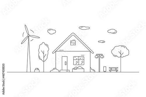 Landscape with residential building drawn by contour lines on a white background. Editable stroke. Energy saving. Vector illustration
