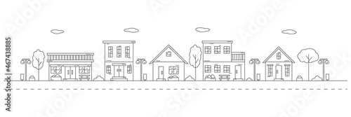 Monochrome horizontal urban landscape with town street or district. Editable stroke. Cityscape with living houses drawn with contour lines on white background. Vector illustration