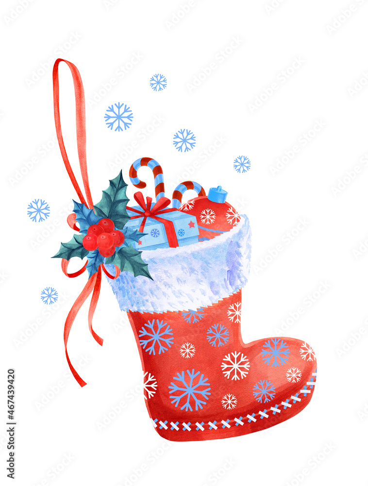 Santa Claus boot with Christmas gifts on isolated white background. Watercolor illustration for ...