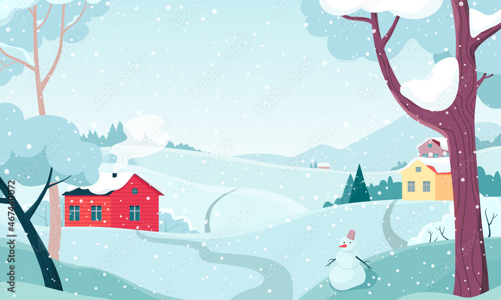 Winter landscape with fields, houses and a snowman. Vector illustration in delicate colors. Snowy day. Mountains and forest behind colorful houses.