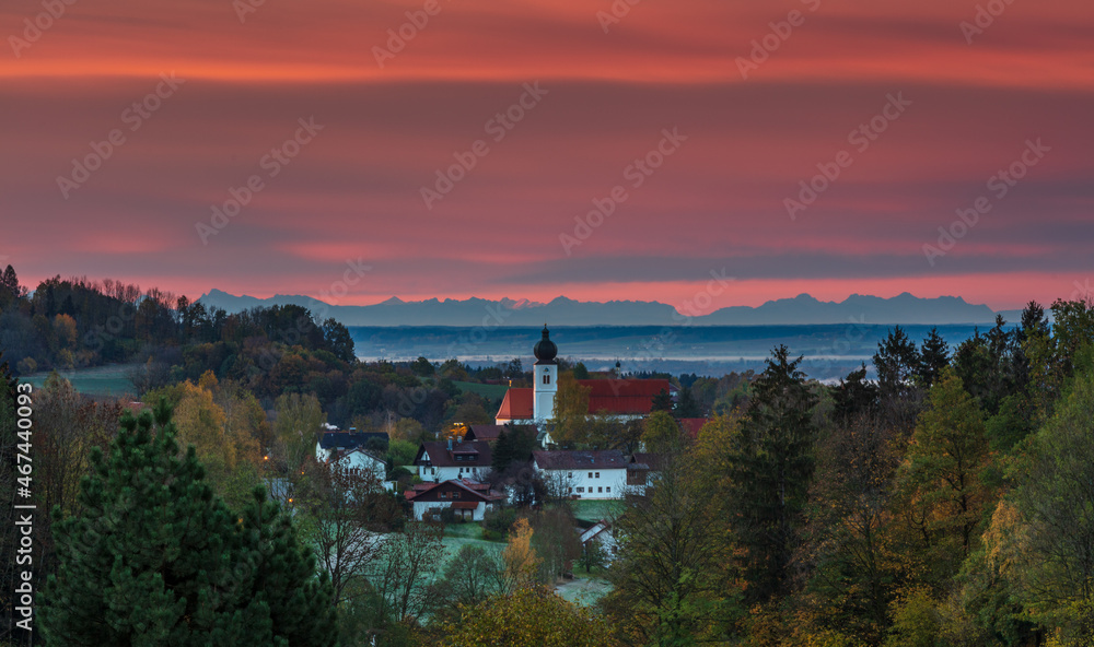 Grafling Village in Deggendorf County with the Bavarian Alps as a Backdrop