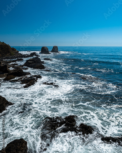 Vertical view of Punta de Lobos with its natural rocks in the background.