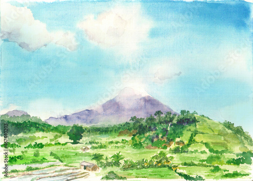 Watercolor landscape with mountain and village in the valley, cloudy sky