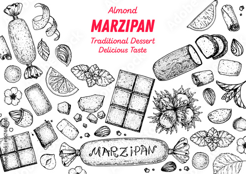 Marzipan cooking and ingredients for marzipan, sketch illustration. Almond nut and almond products. Vector illustration. Christmas sweet food frame. Design elements. Hand drawn, package design