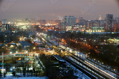 Moscow  Russia. Desember 23 2020  Trains and the Moscow skyline. Ostankino railway platform.