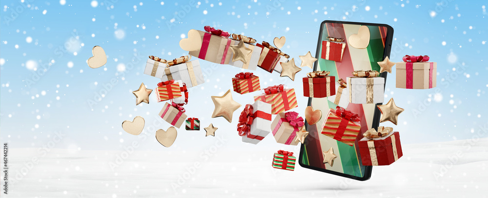winter snowflakes background and mobile phone with Christmas gifts 3d-illustration winter snowflakes background and mobile phone with Christmas gifts 3d-illustration
