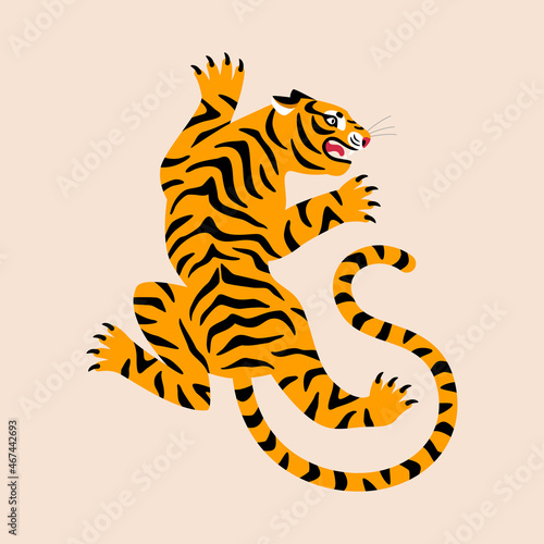 Roar tiger in classic tattoo pose. Vector illustration. Chinese New year 2022 symbol. Indian or african angry wild cat icon, cartoon poster.