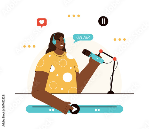Vector flat illustration of podcaster speaking in microphone. Smiling afro american woman in headphones recording audio podcast or online show. Podcasting, broadcasting. White background. 