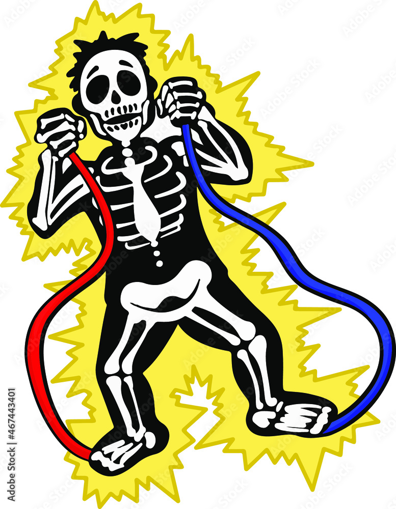 Vector skeleton is electrocuted by two wires. Isolated illustration in cartoon sticker style Vector skeleton is electrocuted by two wires. Isolated illustration in cartoon sticker style