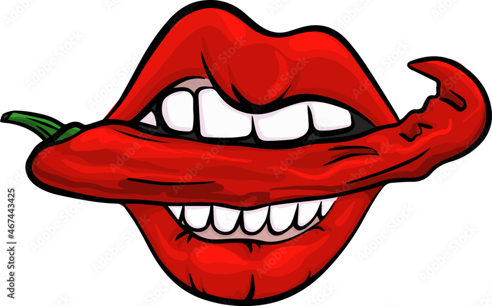 Sexy lips with red hot chili. Pop art mouth biting spices. Isolated cartoon  eating pepper. Vector illustration Stock Vector | Adobe Stock