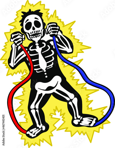 Vector skeleton is electrocuted by two wires. Isolated illustration in cartoon sticker style