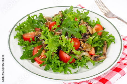 Plate with vegetarian dish of arugula, tomatoes and mushrooms on white background. Studio Photo