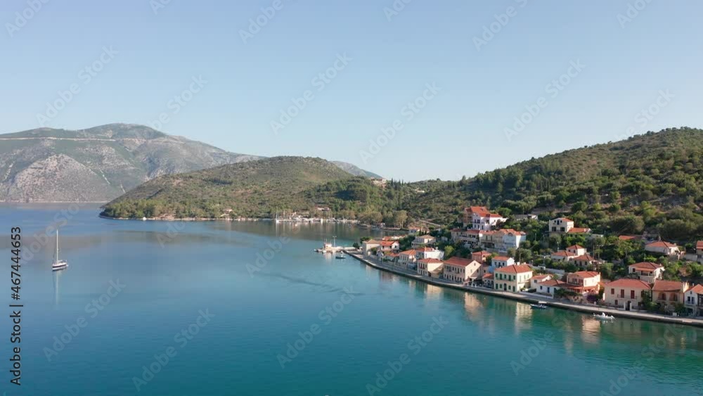 Drone view of Vathi port and traditional houses in Ithaca Greece Drone view of Vathi port and traditional houses in Ithaca Greece