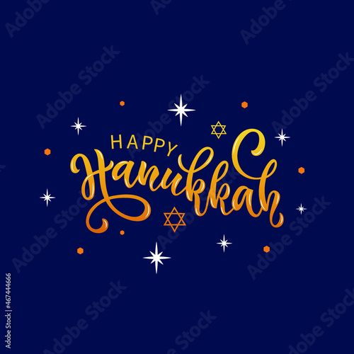 Happy Hanukkah handwritten text. Golden letters, sparkling stars on dark blue background. Modern brush calligraphy. Hand lettering, vector illustration for Jewish holiday as greeting card or poster