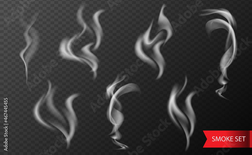 Realistic smoke set. Collection of smokes from cigarettes, hot food or drink isolated on transparent background