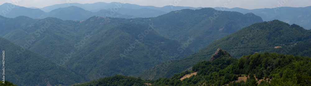 Rhodopes, are a mountain range in Southeastern Europe. Panorama. The forest area covers the mountains. Rhodopes, are a mountain range in Southeastern Europe. Panorama. The forest area covers the mountains.