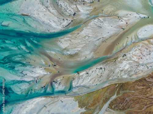 Overhead view of the white river in hornopiren and the formations that it leaves towards the pacific ocean. photo