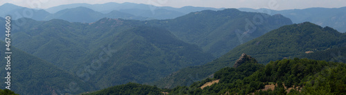 Rhodopes, are a mountain range in Southeastern Europe. Panorama. The forest area covers the mountains. © Piotr
