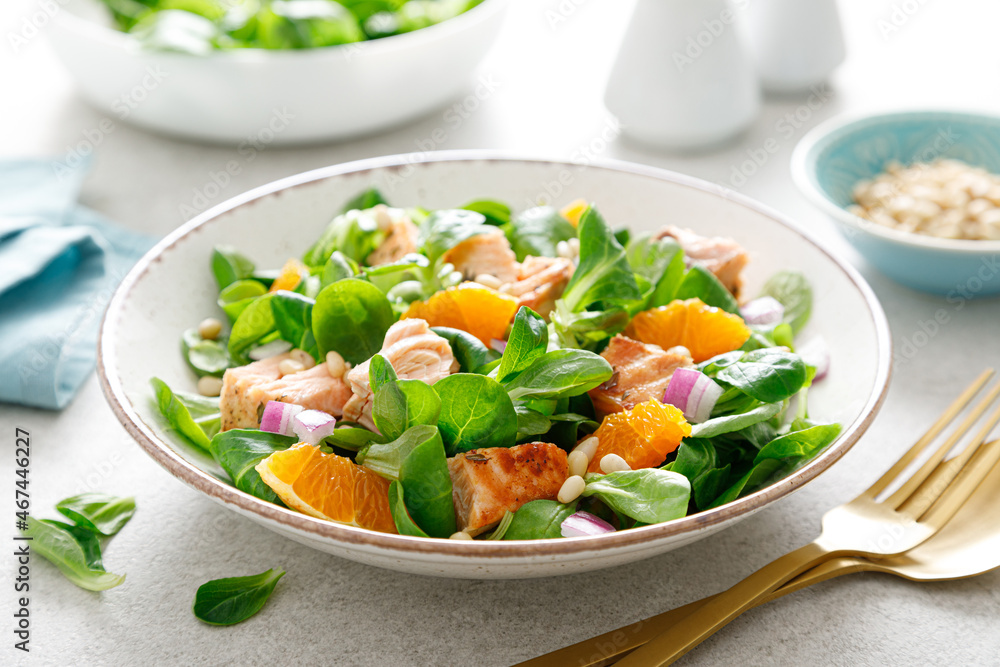 Christmas salmon orange salad with pine nuts, red onion and corn salad lettuce Christmas salmon orange salad with pine nuts, red onion and corn salad lettuce