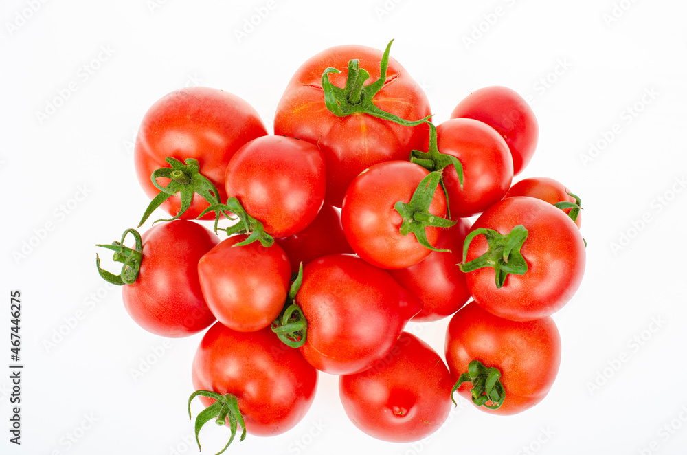 Bunch of ripe fresh pink farm tomatoes with isolated on white background. Studio Photo.