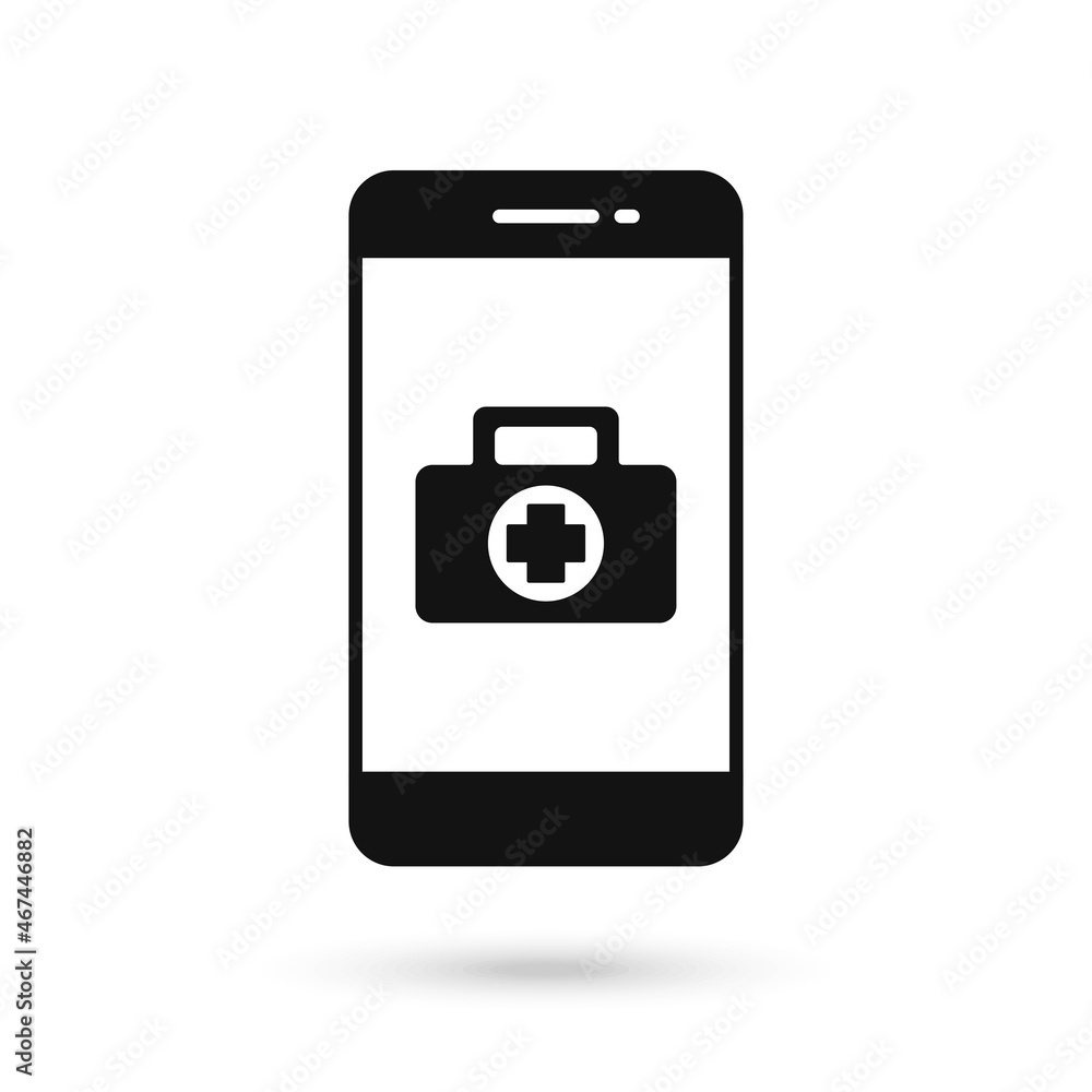Mobile phone flat design icon with first aid kit sign Mobile phone flat design icon with first aid kit sign