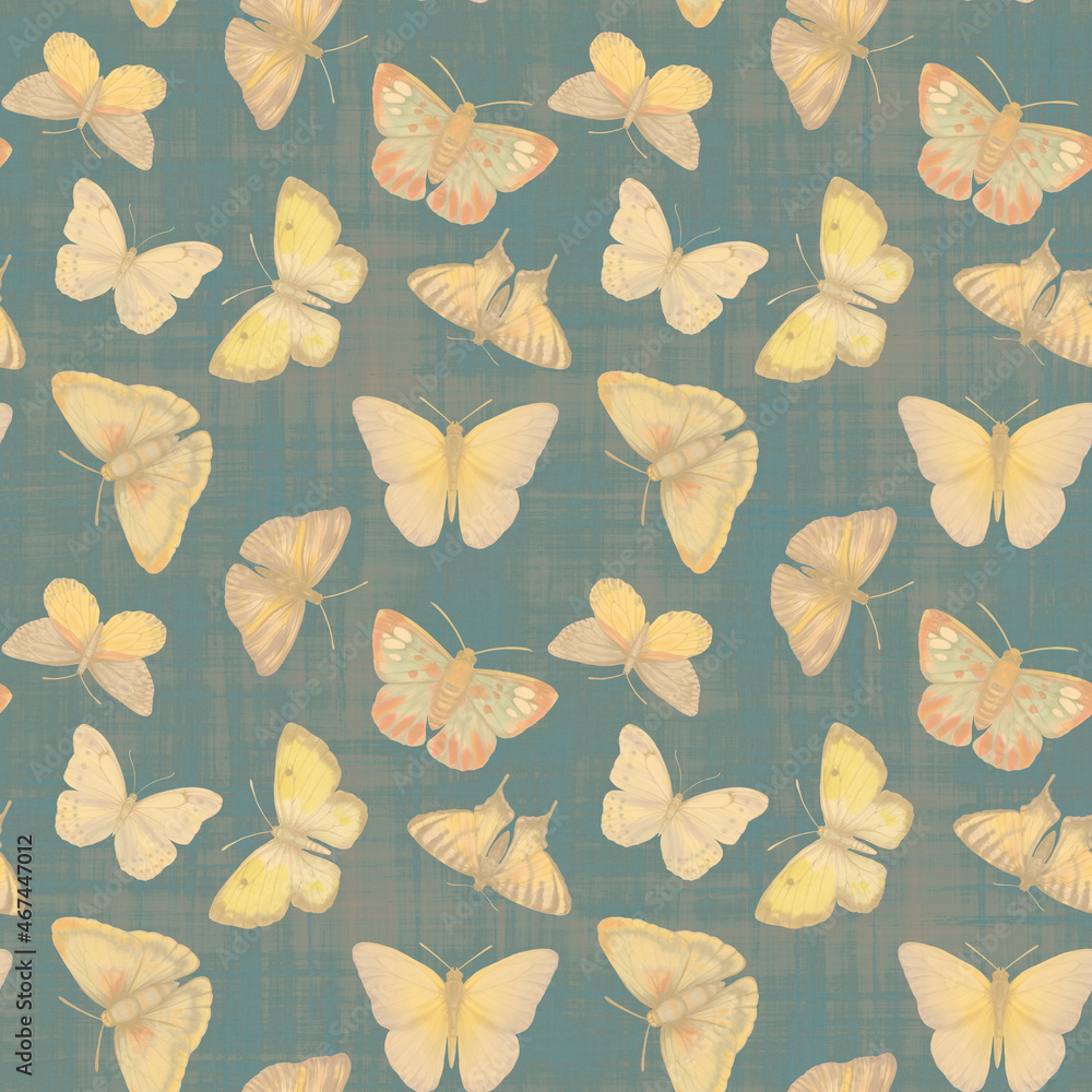 Seamless botanical pattern with butterflies and leaves on an abstract background. butterflies painted in watercolor, digitally processed. Abstract ornament for design, wallpaper, packaging, print