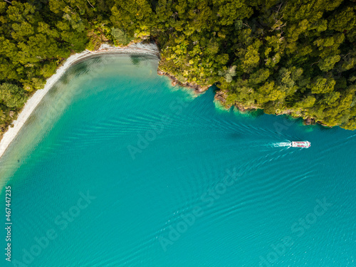 Overhead view of a ship on the shores of Lake Todos los Santos in southern Chile.