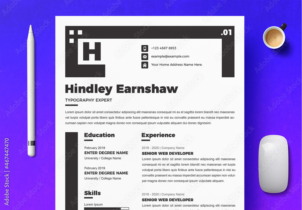 Black and White Minimalist Resume CV Layout Stock Template | Adobe Stock
