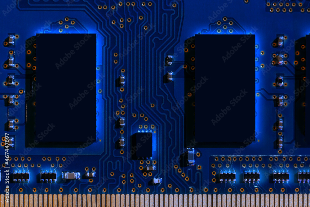 Large elements of an SSD memory storage device for a modern new generation microchip based nanometer technology, gigabit and processor electronics. IT in programming foto de Stock | Adobe