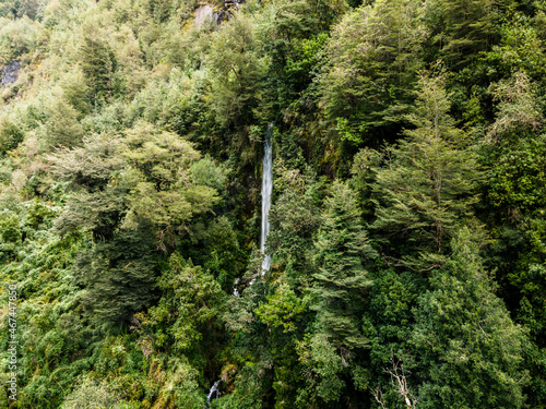 Hidden waterfall in the mountains of the Cochamo Valley in southern Chile.