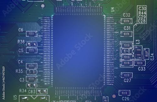 Large elements of an SSD memory storage device for a modern new generation microchip based on nanometer technology, gigabit stream and processor electronics. IT technologies in programming