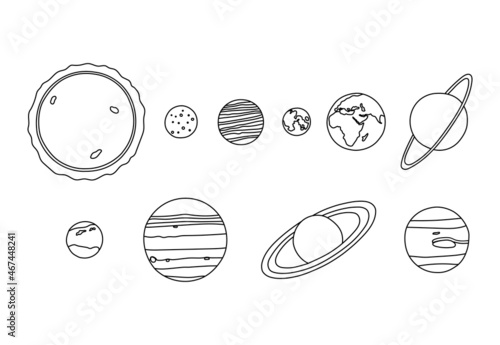 Vector illustration set of line hand drawn solar system planets. Isolated on white background