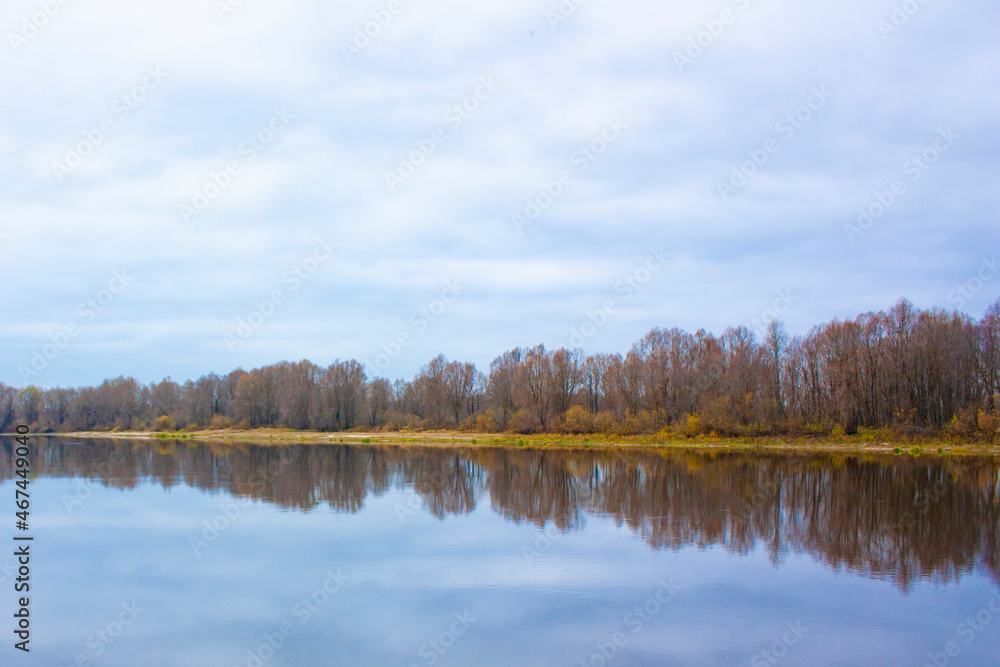 Reflection of the autumn forest on the smooth surface of the water. Autumn landscape of the opposite bank of the river in cloudy weather.
