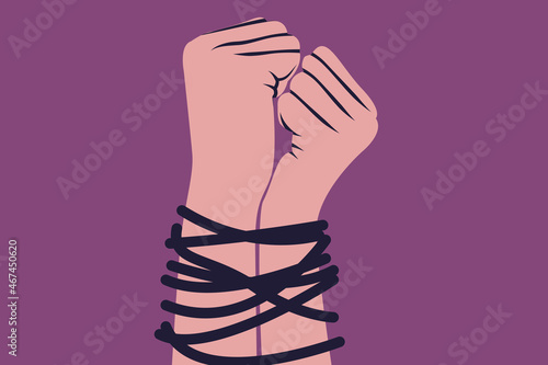  Tied hands with a rope illustration. Deprivation of liberty symbol. Censorship concept. Color graphic.