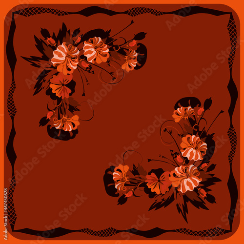 Vector red-orange floral pattern in a square.abstract fantastic flowers with leaves, buds and spikelets for the design shawl, hijab, headscarf, scarf.