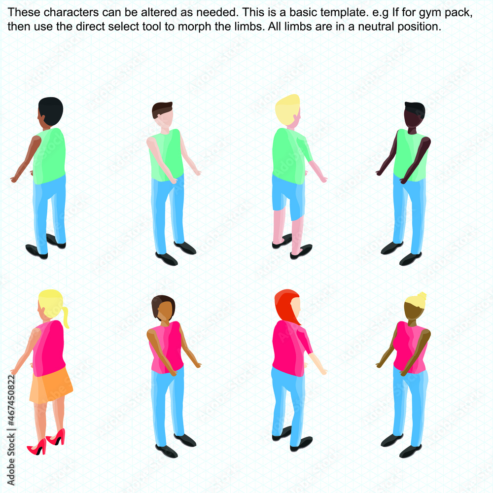 Isometric People Template which can be used for infographics, vector art etc. Male and Female set facing; back left, front left, back right, front right. Versatile template which can be modified easy. Isometric People Template which can be used for infographics, vector art etc. Male and Female set facing; back left, front left, back right, front right. Versatile template which can be modified easy.