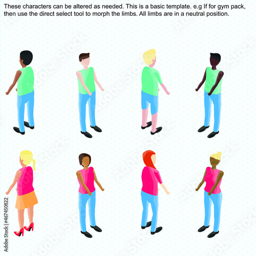 Isometric People Template which can be used for infographics, vector art etc. Male and Female set facing  back left, front left, back right, front right. Versatile template which can be modified easy. © Majed