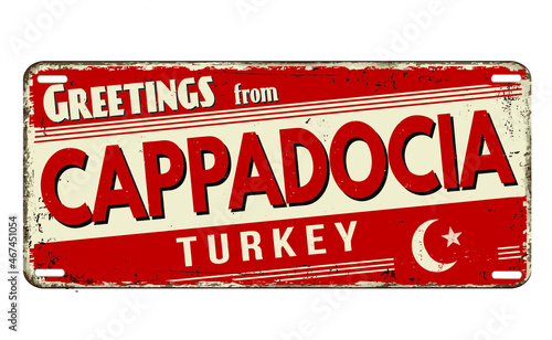 Greetings from Cappadocia vintage rusty metal plate on a white background, vector illustration