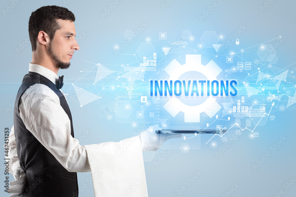 Waiter serving new technology concept Waiter serving new technology concept