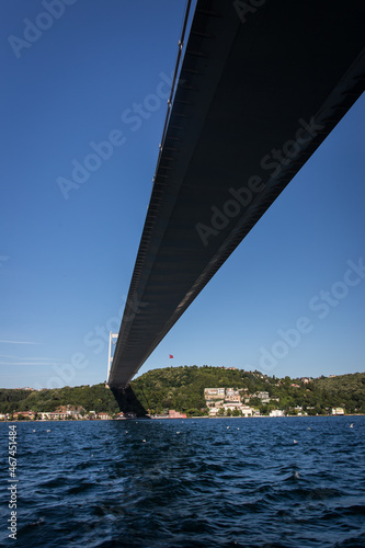 Istanbul Bosphorus and Bosphorus bridge from under the bridge under the blue sky on a sunny day.