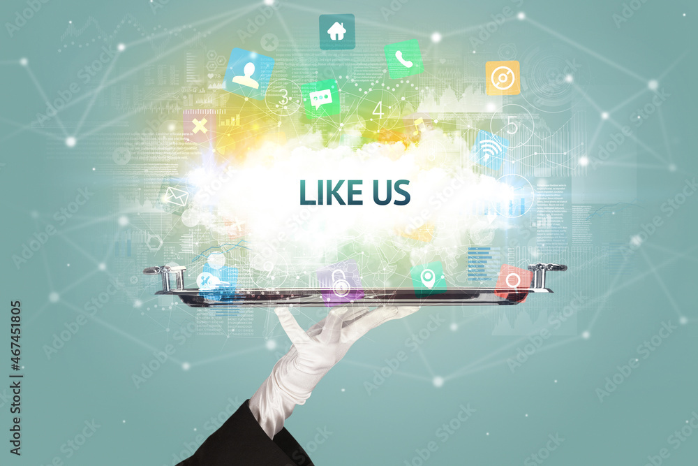 Waiter serving social networking concept Waiter serving social networking concept