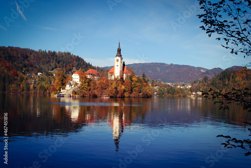 Scenic view of the Bled lake, island with church, Bled castle