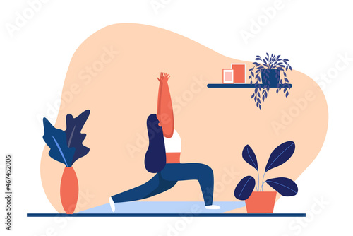 Girl in yoga posture and meditating. Spiritual and physical practice. Aerobics exercise and morning meditation vector illustration.