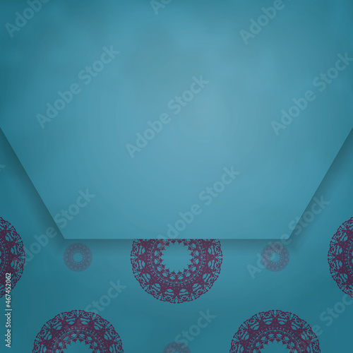 Greeting card in turquoise color with a mandala in purple pattern prepared for printing.