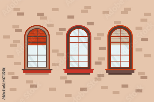 Cartoon exterior wall of the house with windows. Illustration with semicircular colorful wooden window frames. Windows and arches for banner design. Vector illustration