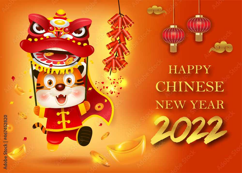 Fototapeta premium Happy Chinese New Year, Year of the tiger. A cute tiger performing lion dancing with copy space.