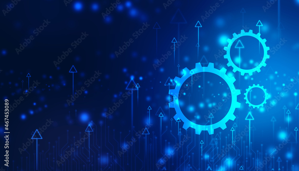 Process management, optimization operation, fix strategy industry, transmission gear wheel, software update status, Cog Gear Wheel with arrows on the technology abstract background - obrazy, fototapety, plakaty 