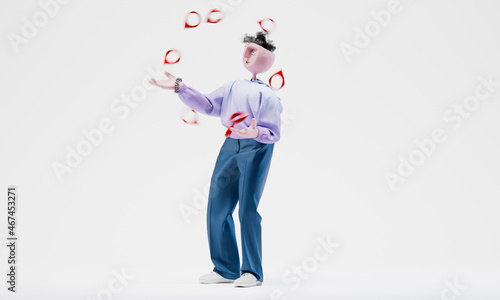some Travor juggles with heart icons. Social media popularity concept. Highly detailed fashionable stylish abstract character isolated on white background. Left view. 3d rendering.  © ekostsov